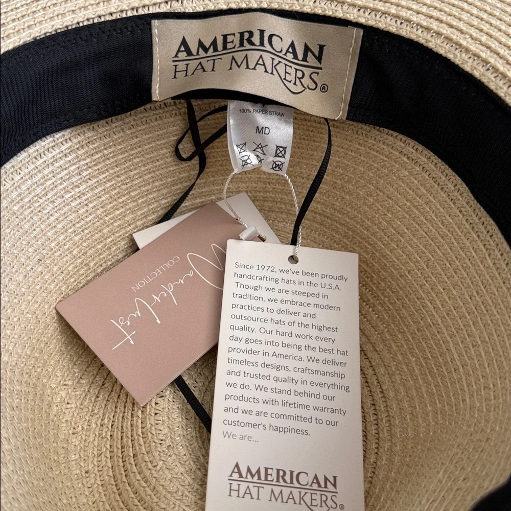 {NWT} American Hat Makers | Afternoon Fedora Handmade Straw Hat Cream/Black (MD) - Picture 13 of 16